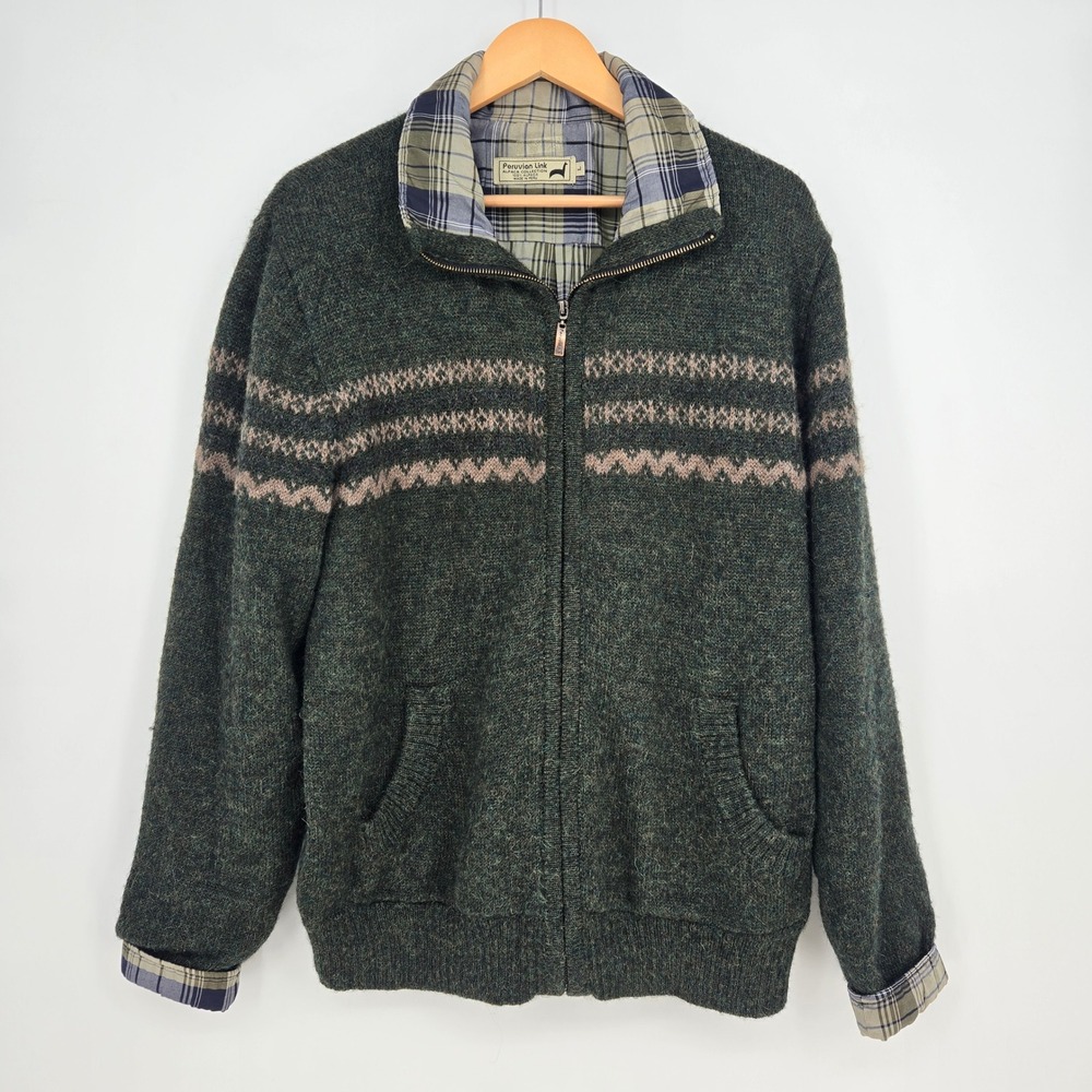 Peruvian Link 100% Alpaca Wool Zip Cardigan Sweater Green Plaid Lined Mens L